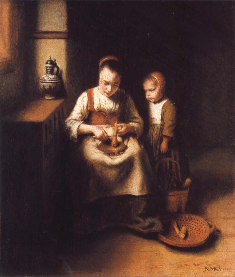 Nicolas Maes A Woman Scraping Parsnips,with a Child Standing by Her